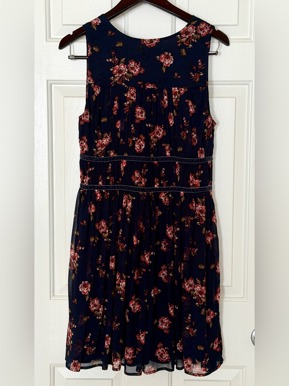 Abercrombie & Fitch Y2K 2000’s Navy Floral Velvet Trim Midi Dress L - Picture 9 of 11